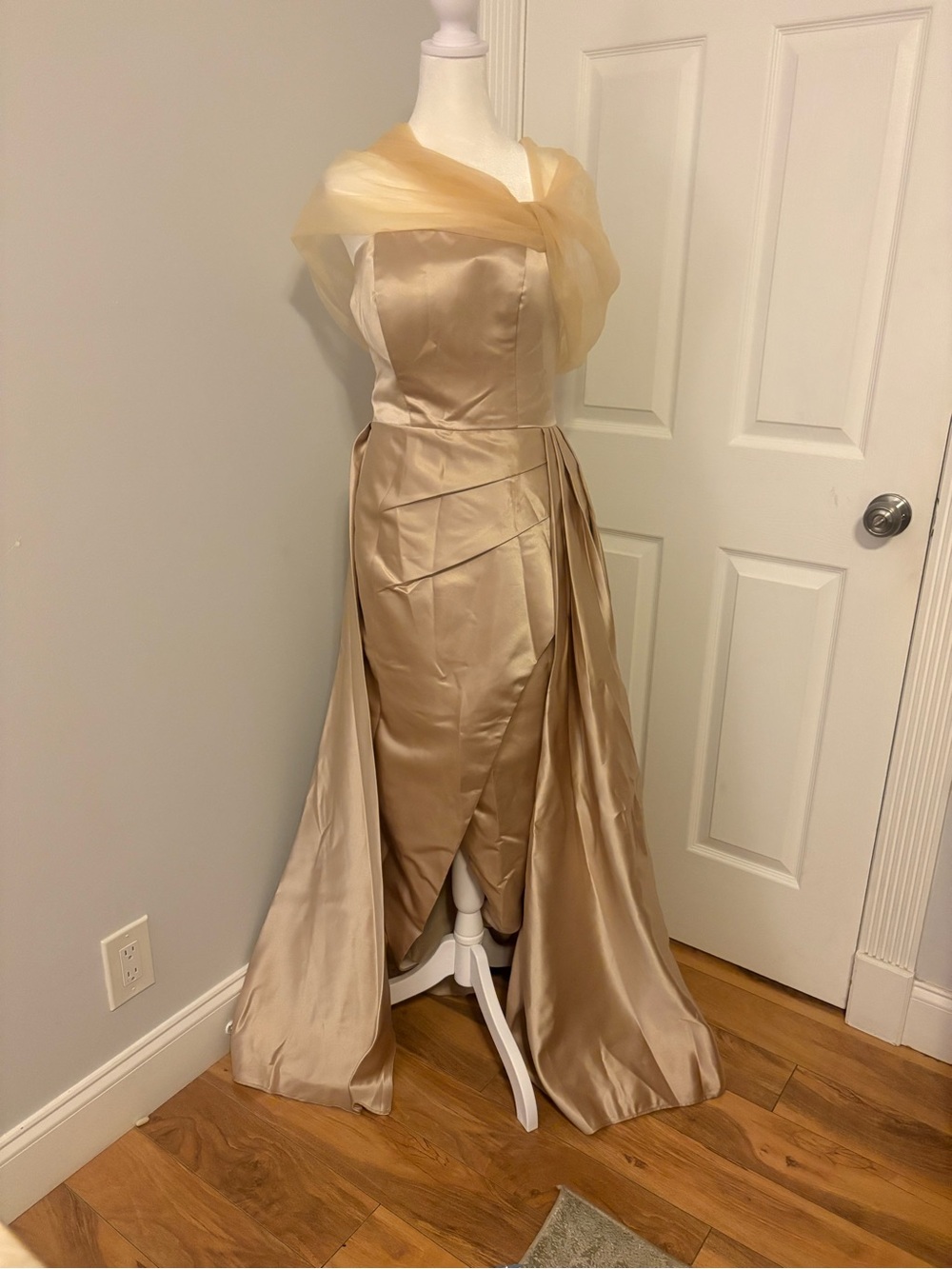 Elegant Champagne Satin Wedding Dress with Sheer Wrap